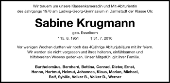 Traueranzeige von Sabine Krugmann von Darmstädter Echo, Odenwälder Echo, Rüsselsheimer Echo, Groß-Gerauer-Echo, Ried Echo