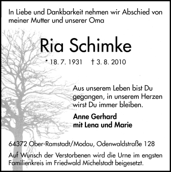 Traueranzeige von Ria Schimke von Darmstädter Echo, Odenwälder Echo, Rüsselsheimer Echo, Groß-Gerauer-Echo, Ried Echo