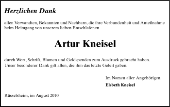 Traueranzeige von Artur Kneisel von Rüsselsheimer Echo, Groß-Gerauer-Echo, Ried Echo