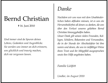 Traueranzeige von Bernd Christian Lickfett von Echo-Zeitungen (Gesamtausgabe)