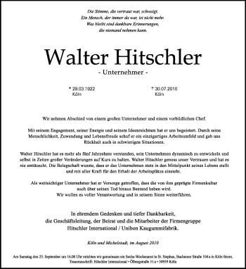 Traueranzeige von Walter Hitschler von Echo-Zeitungen (Gesamtausgabe)