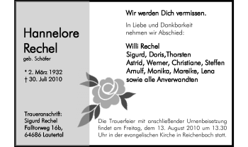 Traueranzeige von Hannelore Rechel von Echo-Zeitungen (Gesamtausgabe)