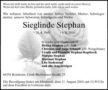 Traueranzeige von Sieglinde Stephan von Darmstädter Echo, Odenwälder Echo, Rüsselsheimer Echo, Groß-Gerauer-Echo, Ried Echo