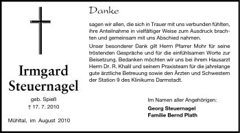 Traueranzeige von Irmgard Steuernagel von Darmstädter Echo, Odenwälder Echo, Rüsselsheimer Echo, Groß-Gerauer-Echo, Ried Echo