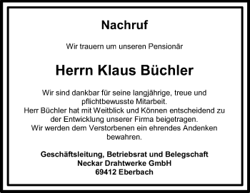 Traueranzeige von Klaus Büchler von Odenwälder Echo