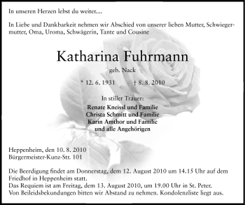 Traueranzeige von Katharina Fuhrmann von Starkenburger Echo