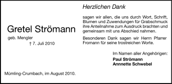 Traueranzeige von Gretel Strömann von Echo-Zeitungen (Gesamtausgabe)