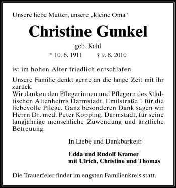Traueranzeige von Christine Gunkel von Echo-Zeitungen (Gesamtausgabe)