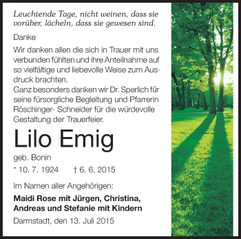 Traueranzeige von Lilo Emig von Echo-Zeitungen (Gesamtausgabe)