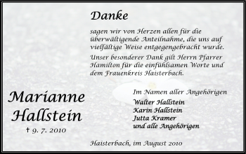 Traueranzeige von Marianne Hallstein von Odenwälder Echo