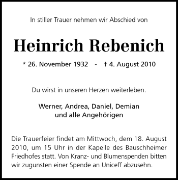 Traueranzeige von Heinrich Rebenich von Rüsselsheimer Echo, Groß-Gerauer-Echo, Ried Echo