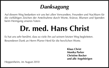 Traueranzeige von Hans Christ von Starkenburger Echo, Bergsträßer Anzeiger