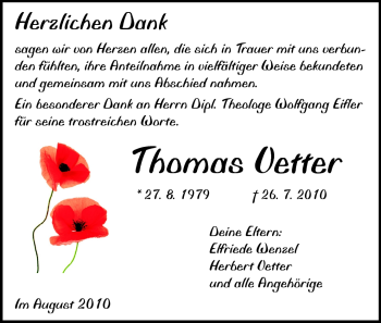 Traueranzeige von Thomas Vetter von Darmstädter Echo, Odenwälder Echo, Rüsselsheimer Echo, Groß-Gerauer-Echo, Ried Echo