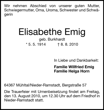 Traueranzeige von Elisabeth Emig von Echo-Zeitungen (Gesamtausgabe)