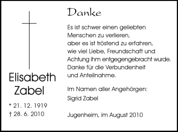 Traueranzeige von Elisabeth Zabel von Echo-Zeitungen (Gesamtausgabe)