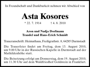 Traueranzeige von Asta Kosores von Darmstädter Echo, Odenwälder Echo, Rüsselsheimer Echo, Groß-Gerauer-Echo, Ried Echo
