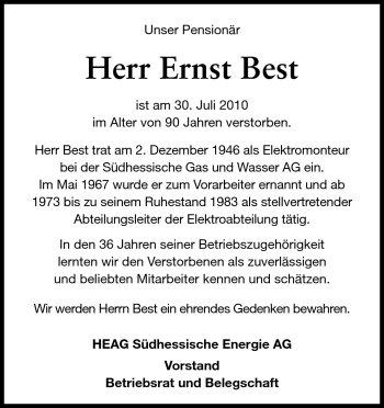 Traueranzeige von Ernst Best von Echo-Zeitungen (Gesamtausgabe)