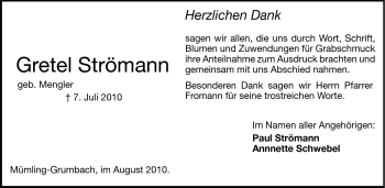 Traueranzeige von Gretel Strömann von Echo-Zeitungen (Gesamtausgabe)