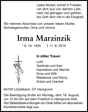 Traueranzeige von Irma Marzinzik von Odenwälder Echo