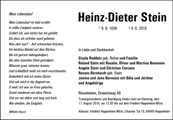 Traueranzeige von Heinz-Dieter Stein von Darmstädter Echo, Odenwälder Echo, Rüsselsheimer Echo, Groß-Gerauer-Echo, Ried Echo