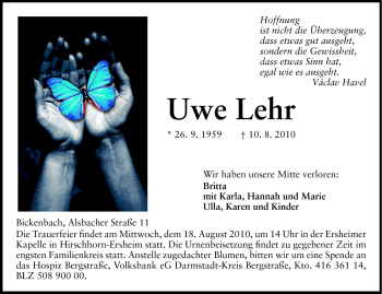 Traueranzeige von Uwe Lehr von Darmstädter Echo, Odenwälder Echo, Rüsselsheimer Echo, Groß-Gerauer-Echo, Ried Echo