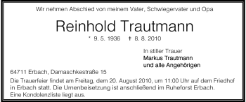 Traueranzeige von Reinhold Trautmann von Odenwälder Echo