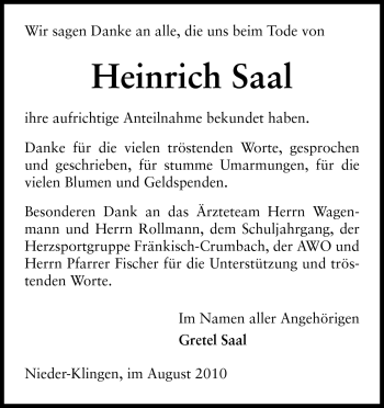 Traueranzeige von Heinrich Saal von Echo-Zeitungen (Gesamtausgabe)