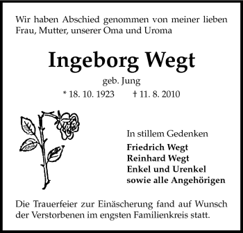 Traueranzeige von Ingeborg Wegt von Darmstädter Echo, Odenwälder Echo, Rüsselsheimer Echo, Groß-Gerauer-Echo, Ried Echo