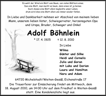 Traueranzeige von Adolf Böhnlein von Odenwälder Echo