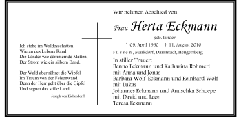 Traueranzeige von Herta Eckmann von Echo-Zeitungen (Gesamtausgabe)