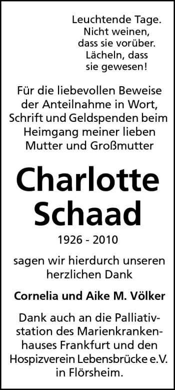 Traueranzeige von Charlotte Schaad von Rüsselsheimer Echo, Groß-Gerauer-Echo, Ried Echo