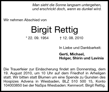 Traueranzeige von Birgit Rettig von Darmstädter Echo, Odenwälder Echo, Rüsselsheimer Echo, Groß-Gerauer-Echo, Ried Echo
