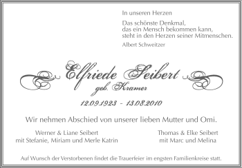 Traueranzeige von Elfriede Seibert von Rüsselsheimer Echo, Groß-Gerauer-Echo, Ried Echo