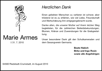 Traueranzeige von Marie Armes von Echo-Zeitungen (Gesamtausgabe)