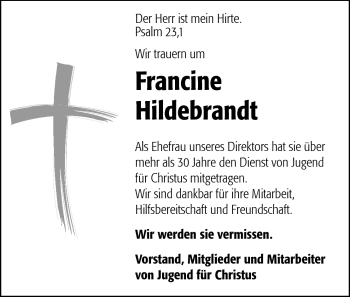 Traueranzeige von Francine Hildebrandt von Echo-Zeitungen (Gesamtausgabe)