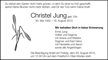 Traueranzeige von Christel Jung von Darmstädter Echo, Odenwälder Echo, Rüsselsheimer Echo, Groß-Gerauer-Echo, Ried Echo