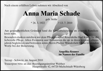 Traueranzeige von Anna Maria Schade von Odenwälder Echo