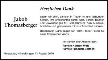 Traueranzeige von Jakob Thomasberger von Odenwälder Echo