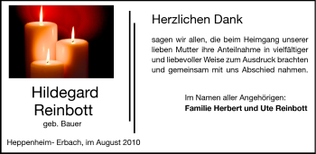 Traueranzeige von Hildegard Reinbott von Starkenburger Echo
