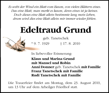 Traueranzeige von Edeltraud Grund von Darmstädter Echo, Odenwälder Echo, Rüsselsheimer Echo, Groß-Gerauer-Echo, Ried Echo