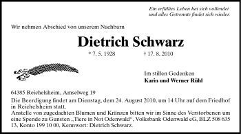 Traueranzeige von Dietrich Schwarz von Odenwälder Echo