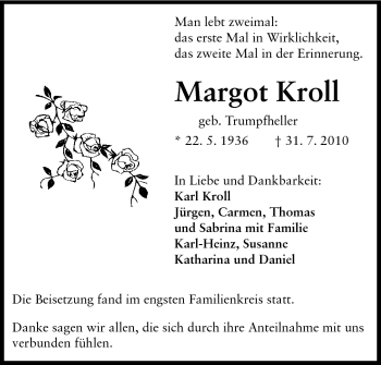 Traueranzeige von Margot Kroll von Echo-Zeitungen (Gesamtausgabe)