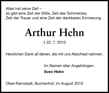 Traueranzeige von Arthur Hehn von Echo-Zeitungen (Gesamtausgabe)