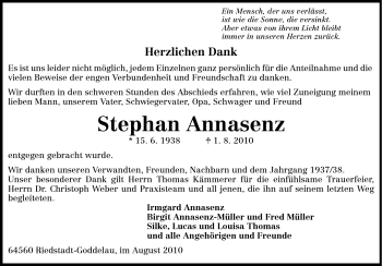 Traueranzeige von Stephan Annasenz von Rüsselsheimer Echo, Groß-Gerauer-Echo, Ried Echo