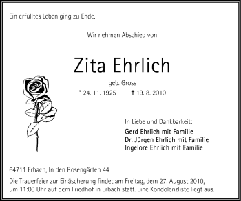 Traueranzeige von Zita Ehrlich von Odenwälder Echo