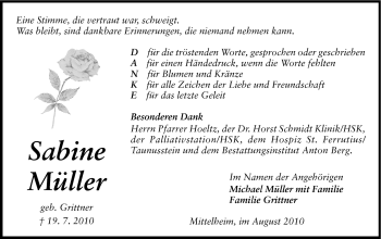 Traueranzeige von Sabine Müller von Rüsselsheimer Echo, Groß-Gerauer-Echo, Ried Echo