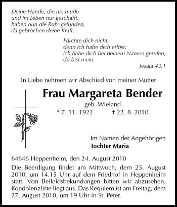 Traueranzeige von Margareta Bender von Starkenburger Echo