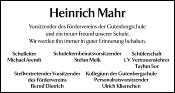 Traueranzeige von Heinrich Mahr von Echo-Zeitungen (Gesamtausgabe)