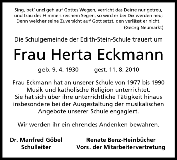 Traueranzeige von Herta Eckmann von Echo-Zeitungen (Gesamtausgabe)