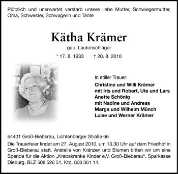Traueranzeige von Kätha Krämer von Darmstädter Echo, Odenwälder Echo, Rüsselsheimer Echo, Groß-Gerauer-Echo, Ried Echo